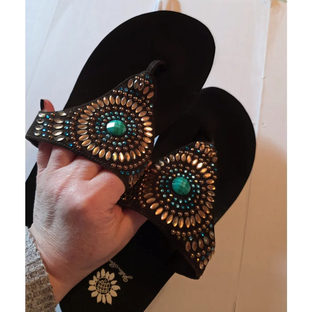 Yellow Box Turquoise Jovanna Flip Flops Rhinestone Sparkle Sandals Size 10 - Picture 2 of 13